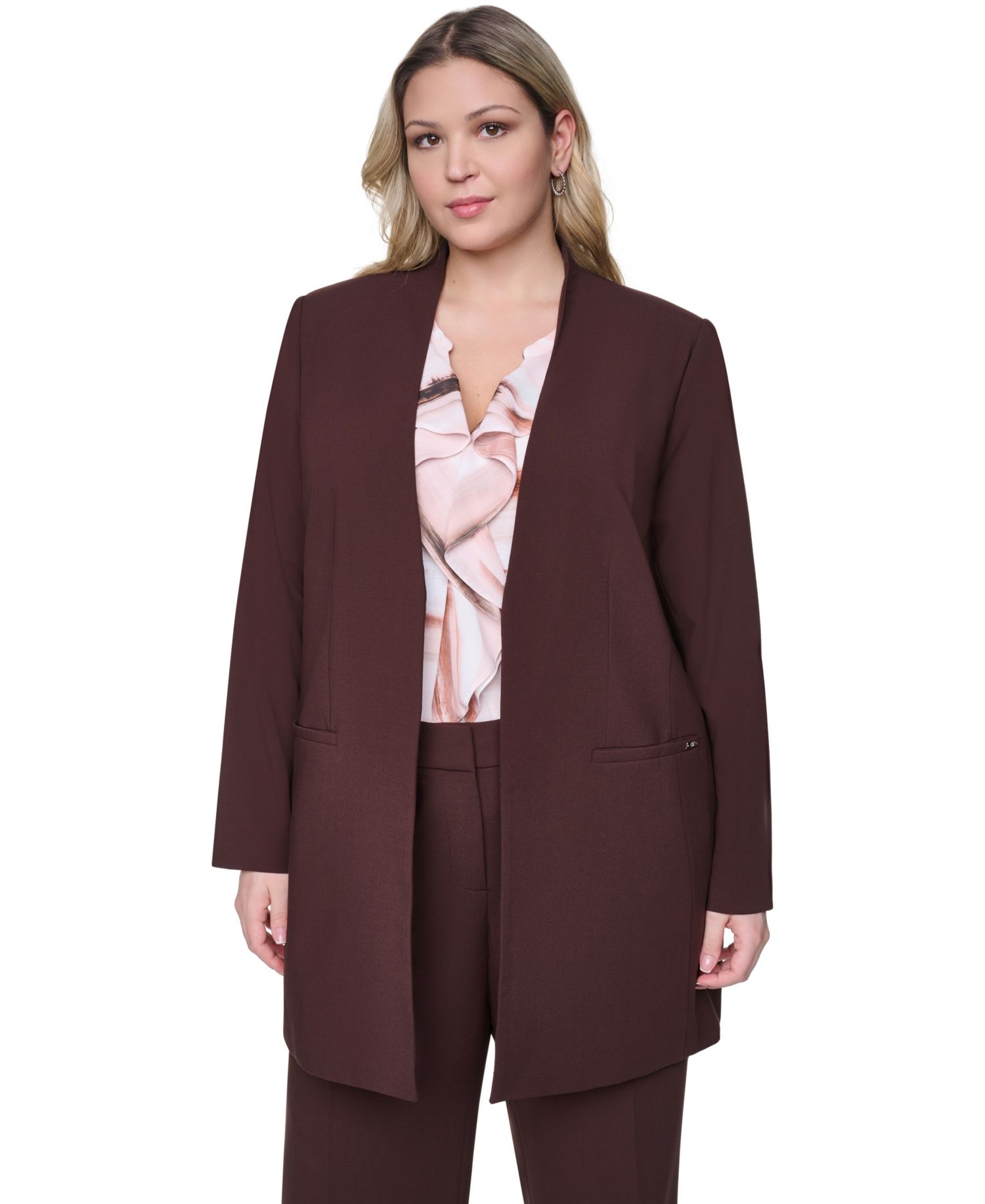 Plus Size Collarless Open-Front Rollback-Cuff Blazer