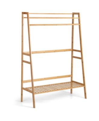 Bamboo Clothing Rack with 2-Tier Storage Shelves and Side Hooks