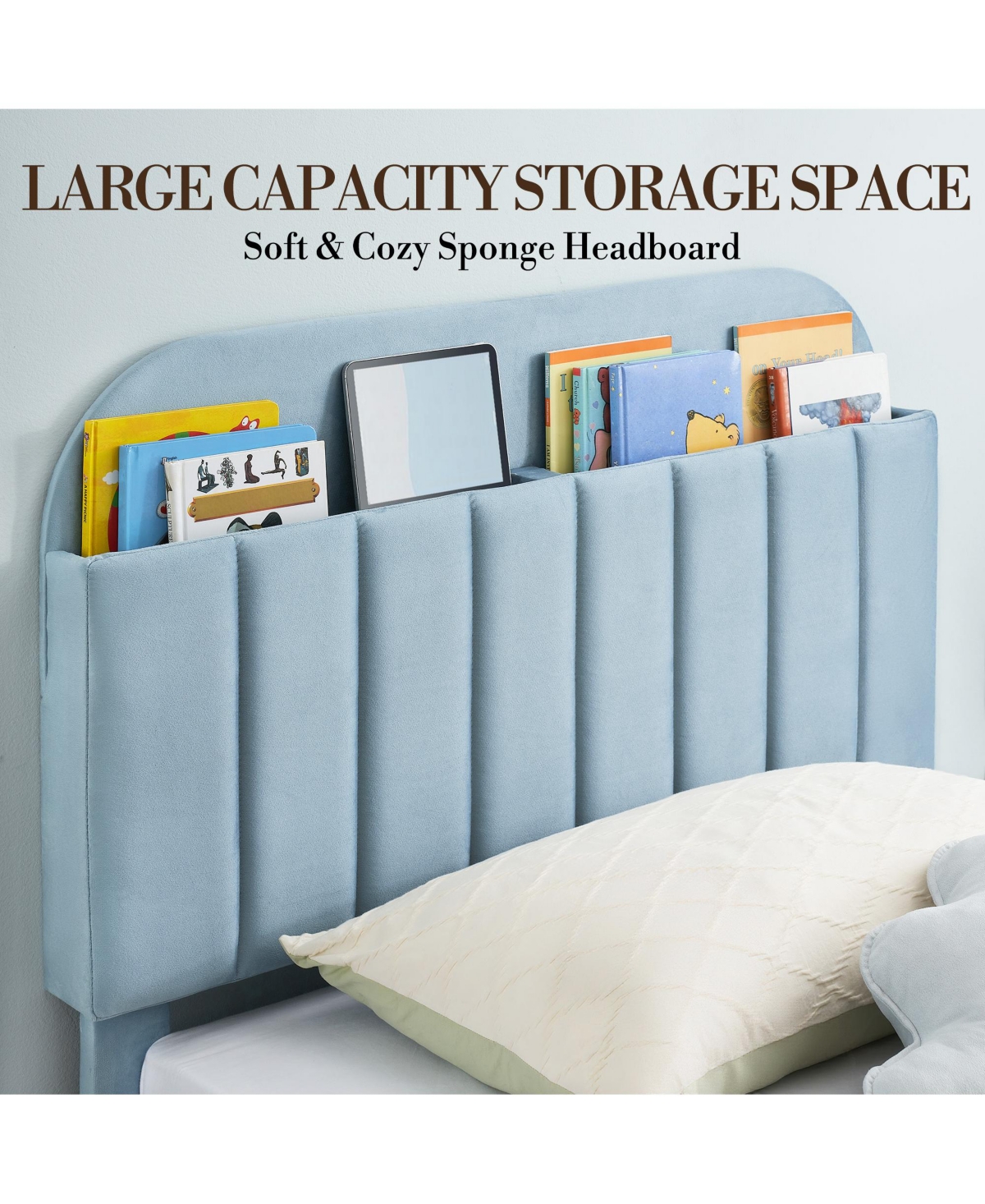 homfan Upholstered Bed Frame with Bookcase Headboard, Storage Cubbies and Wooden Slats Support