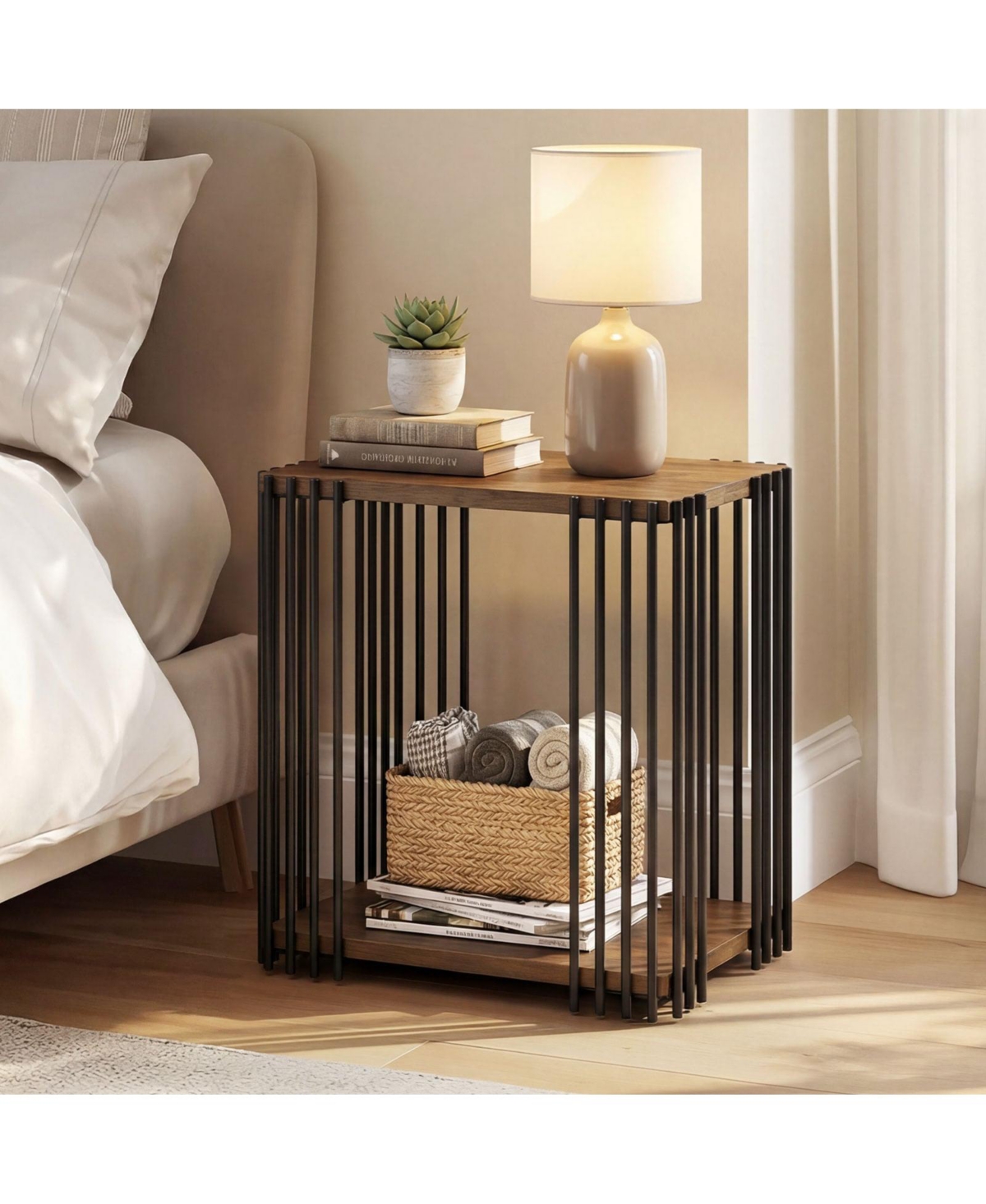 Slickblue 2-Layer Storage Side Table with Rubber Wood Surface and Durable Metal Frame-Walnut
