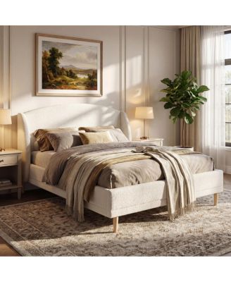 Boucle Platform Bed with Wingback Headboard