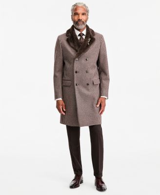 Men's Regular Fit Tan Houndstooth Double-Breasted Overcoat 
