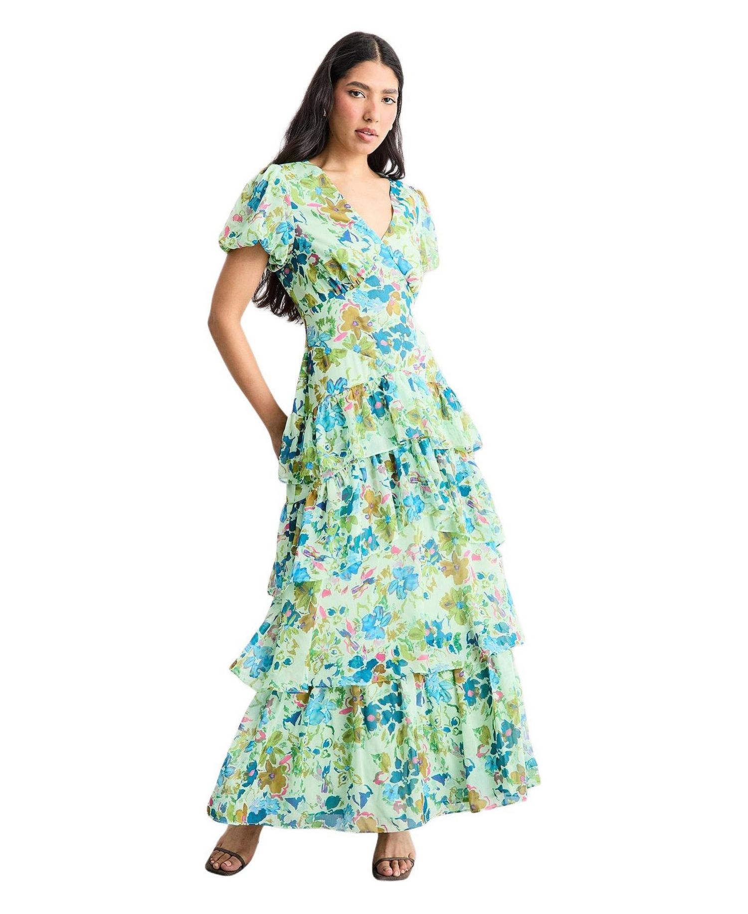 Women's Waist Puff Sleeve Tiered Midi Dress