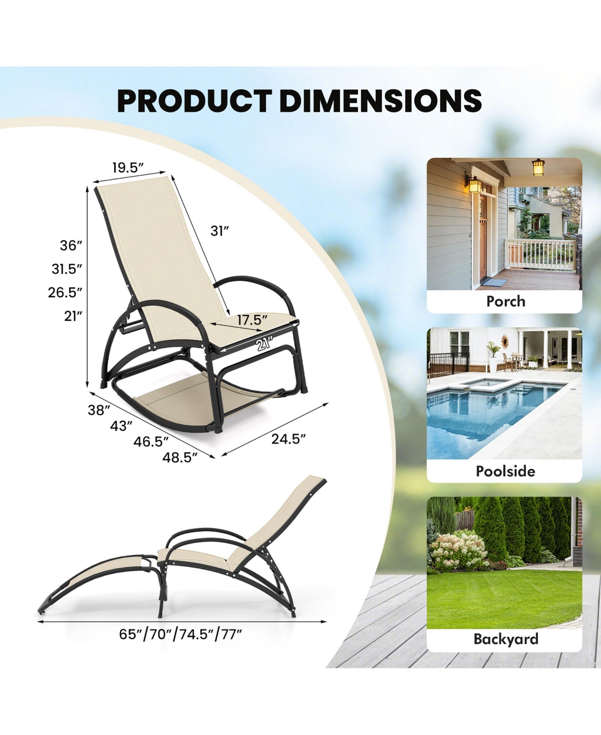Gymax 2-in-1 Outdoor Rocking Chair with 4-Position Adjustable Backrest Curved Armrests