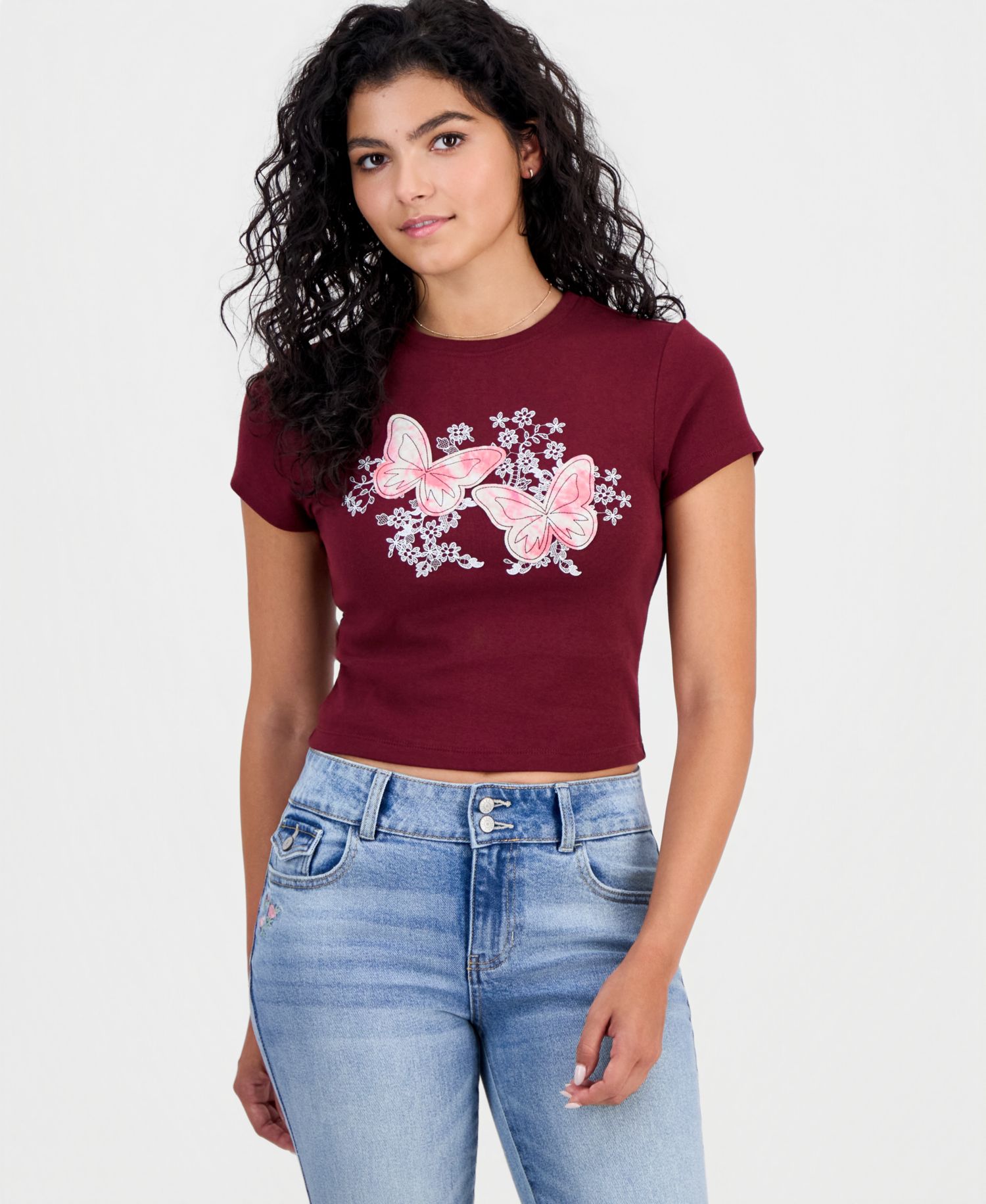 Juniors' Butterfly Embroidered Cropped T-Shirt
