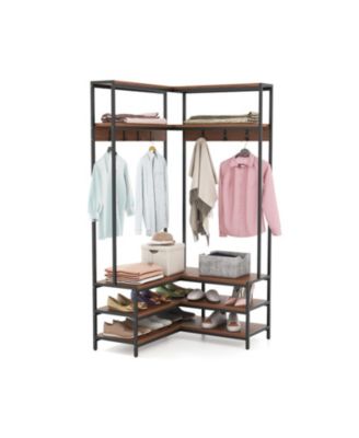 L-Shaped Corner Hall Tree with 7 Hooks, Shelves and Shoe Bench
