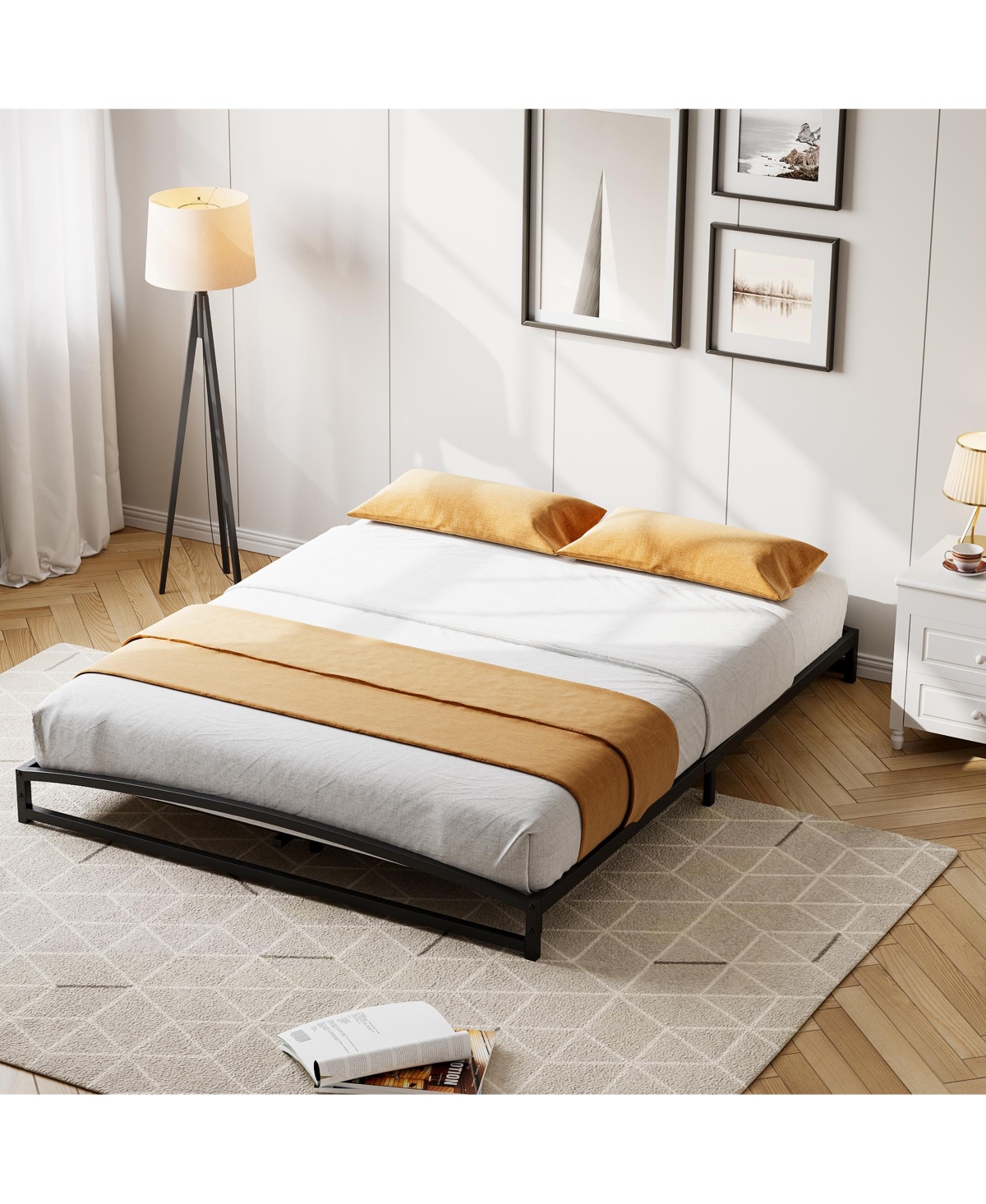 homfan Metal Platform Bed Frame with Arch Headboard and Footboard, Low Profile Steel Slat Support