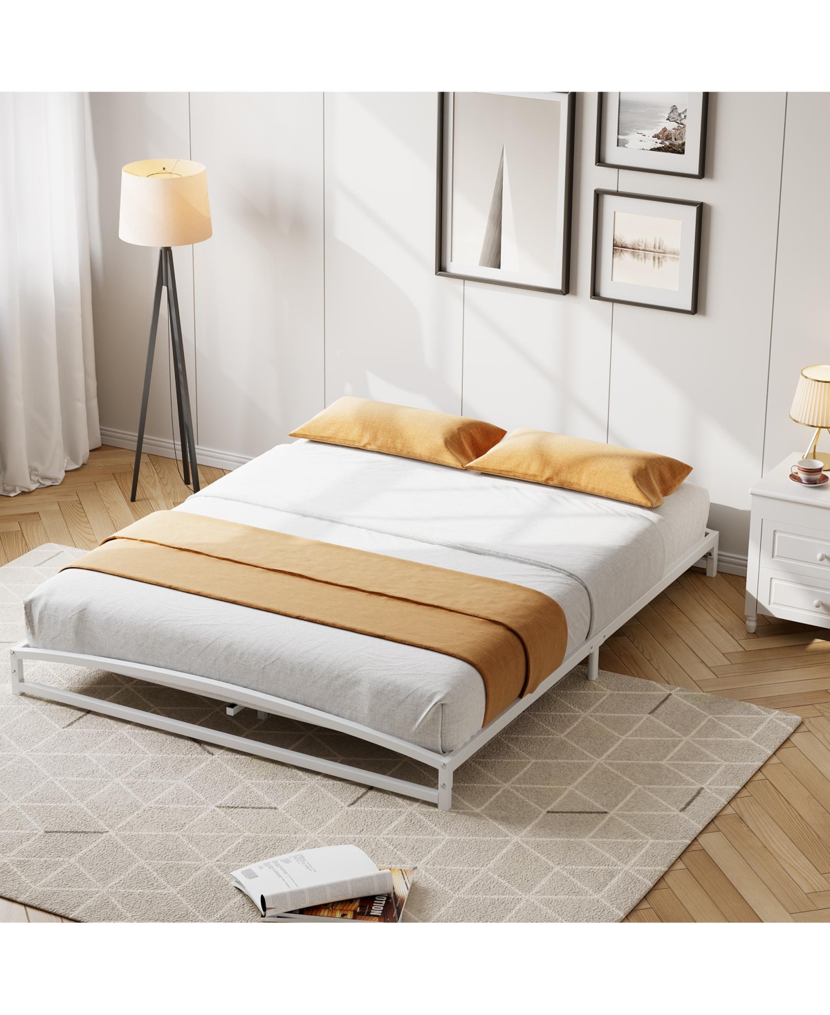 homfan Metal Platform Bed Frame with Arch Headboard and Footboard, Low Profile Steel Slat Support