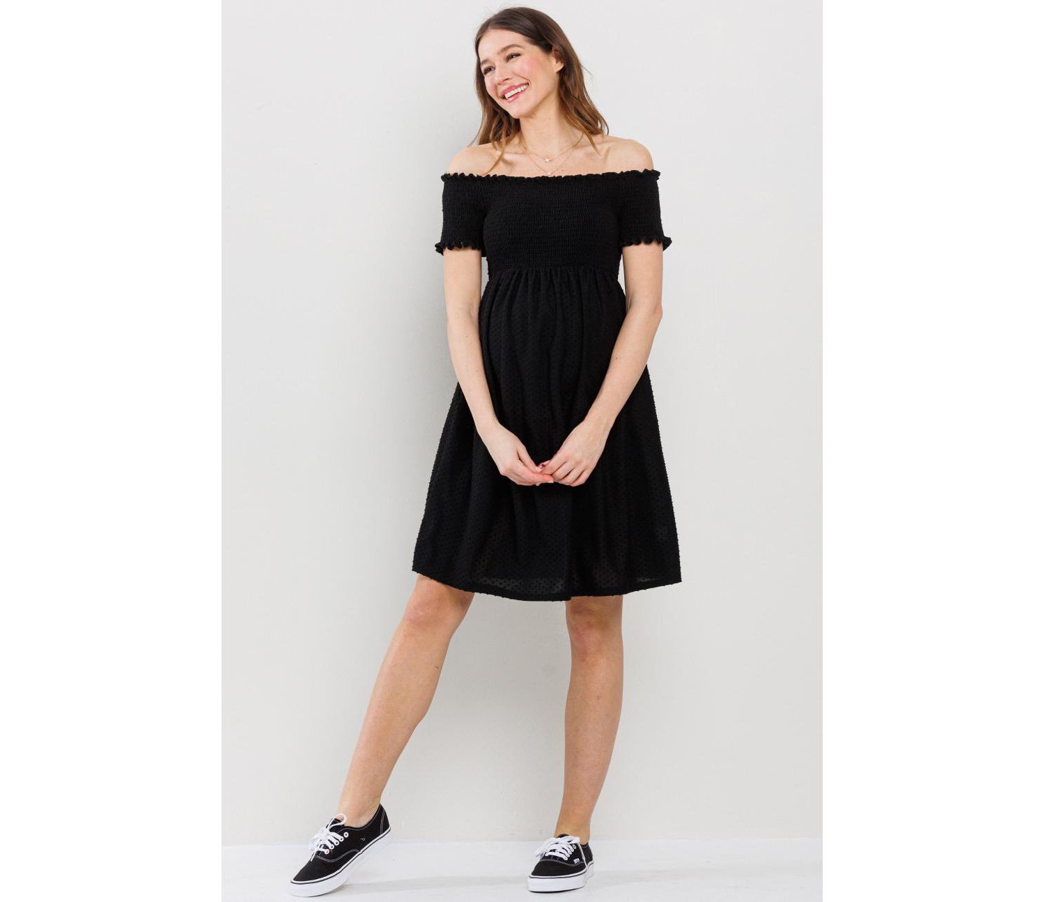 Women's Off-the-Shoulder Smocked Swiss Dot Dress with Pockets