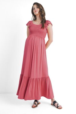 Maternity Smocked Empire Waist Maxi Sundress with Ruffle Hem