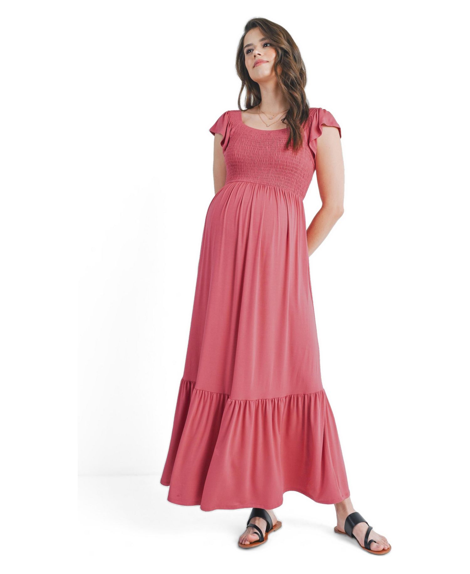Women's Smocked Empire Waist Maxi Sundress with Ruffle Hem