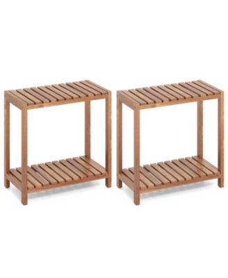 2 pieces 2-Tier Side Table Teak Wood Stand Utility Storage Shelf Entryway Bench