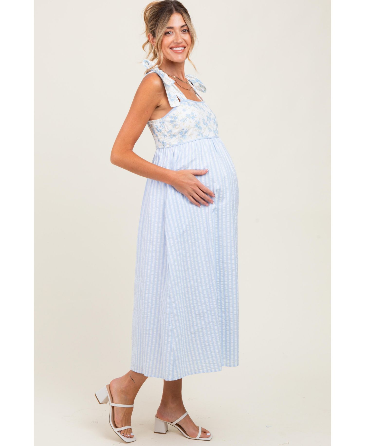 Women's Light Blue Floral Contrast Stripe Shoulder Tie Midi Dress