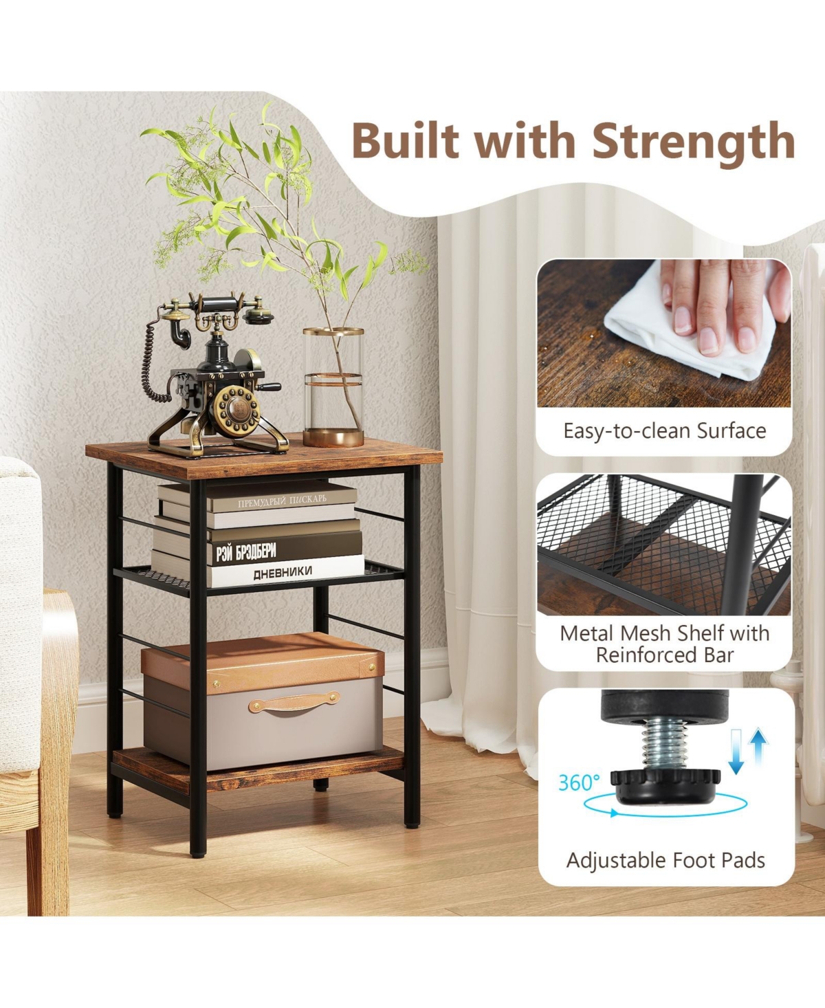 Slickblue Modern 3-Tier End Table Set of 2 with Metal Frame and Open Storage Shelves