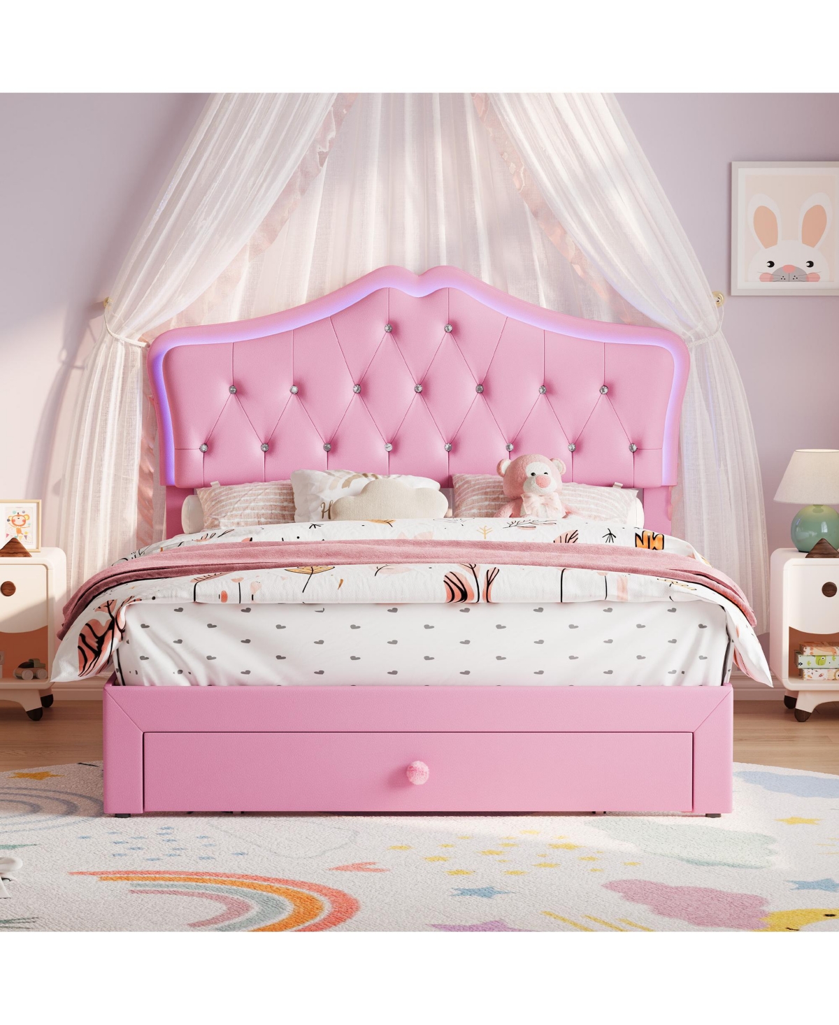 gaomon Upholstered Platform Bed Frame with Led Lights, Crystal Tufted Headboard, Storage Drawer, Noise-Free Slats