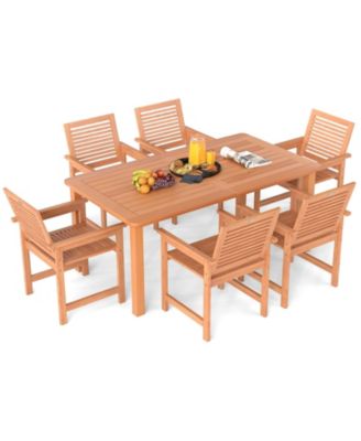 7-Piece Patio Wood Dining Table Set Outdoor Rectangular Table and 6 Armchairs