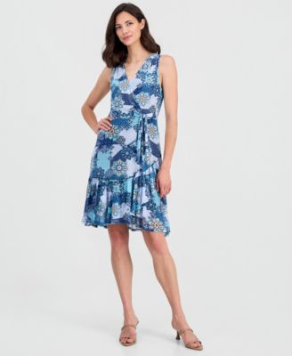 Women's Printed Sleeveless Faux-Wrap Dress