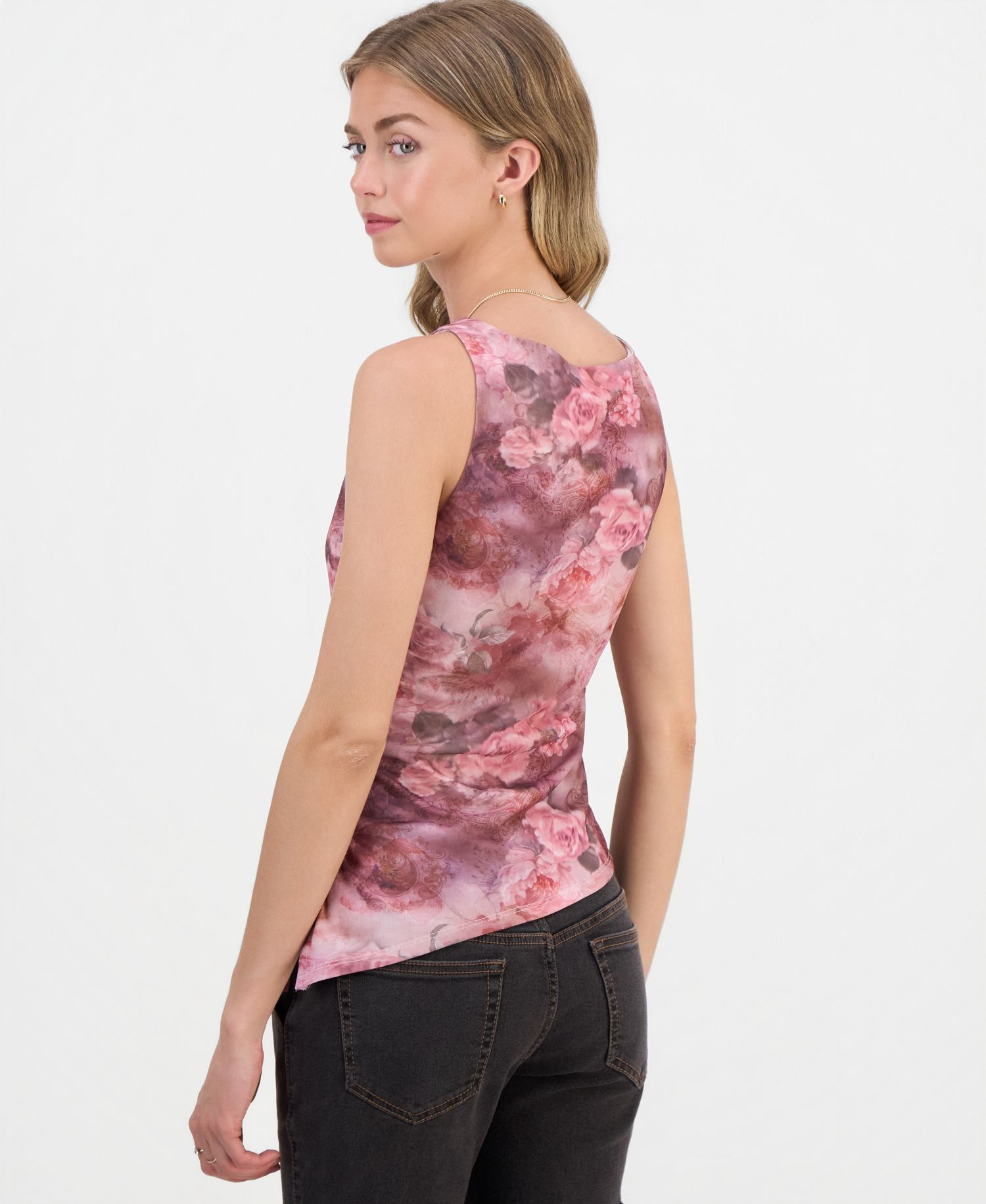Juniors' Printed Mesh Asymmetrical-Hem Tank