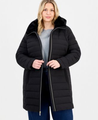 Michael Kors Plus Size Faux-Fur-Collar Hooded Packable Puffer Coat, Created for Macy's