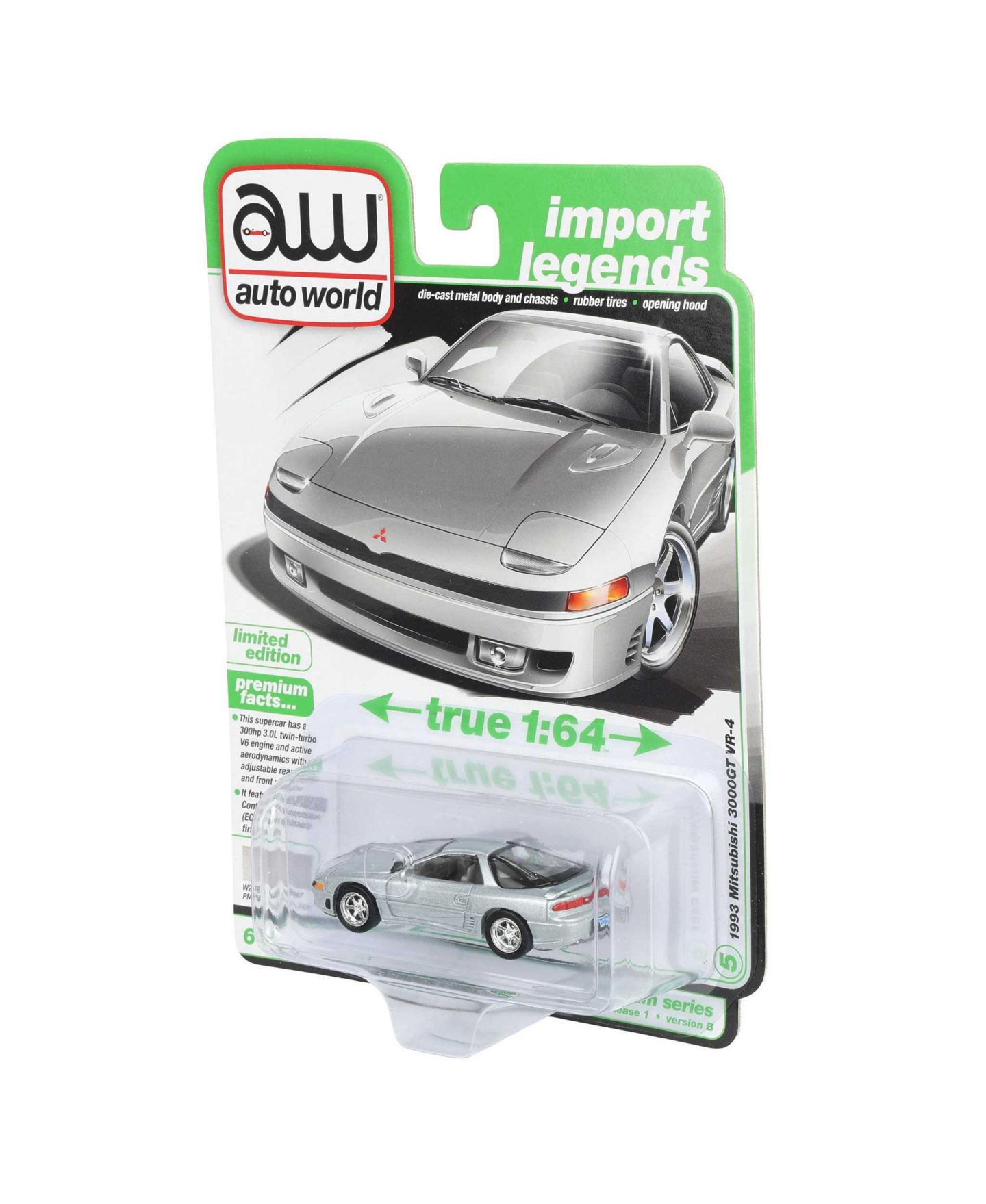 Детская игрушка Auto World 1/64 Scale 1993 Mitsubishi 3000GT VR-4 Import Legends Series Die-Cast Model Car, цвет: Серебряный — фото 3