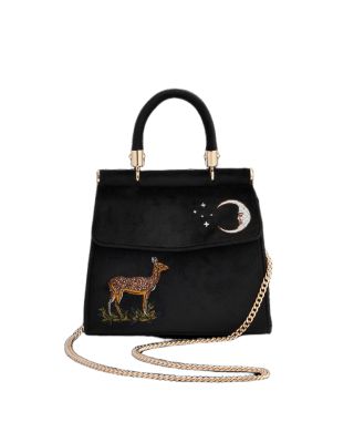 Deer And Moon Embroidered Velvet Tote