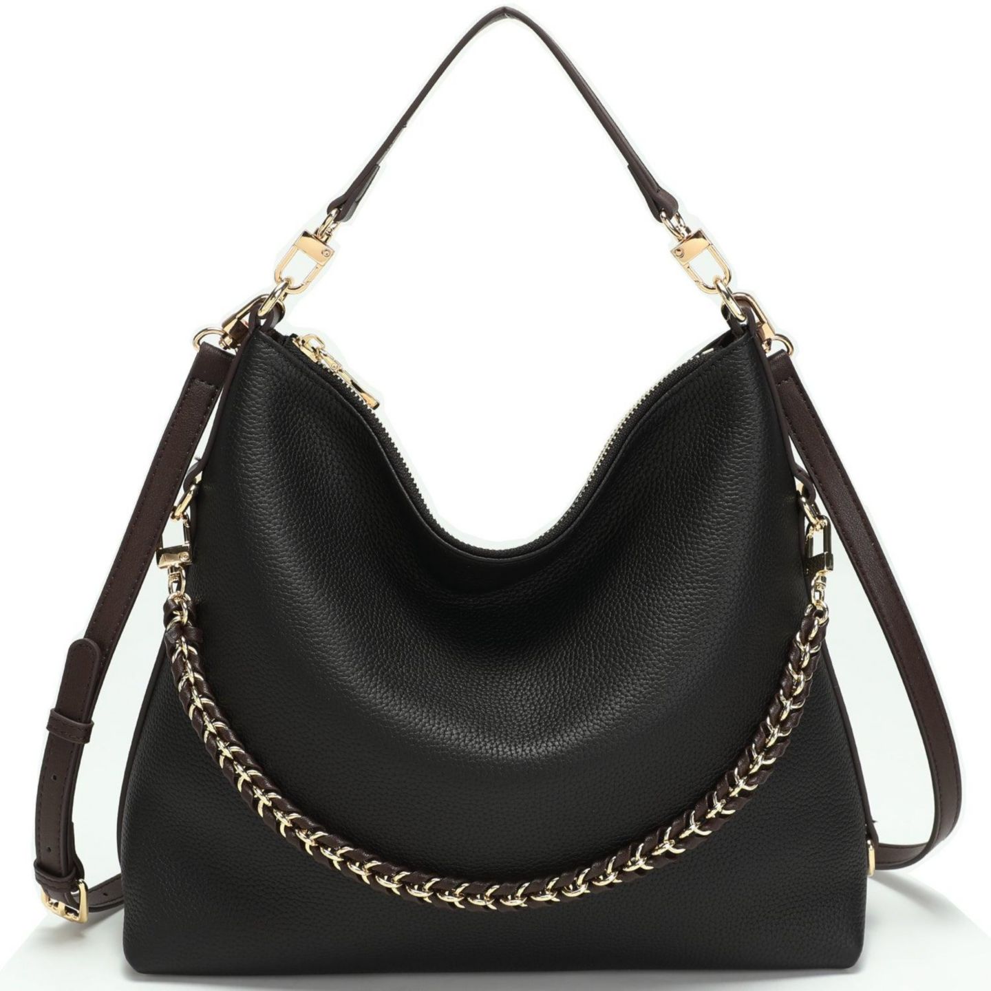 Женская сумка SUSU Riva Leather Convertible Hobo Bag Shoulder and Crossbody with Chain Detail, цвет: Чёрный — фото 1