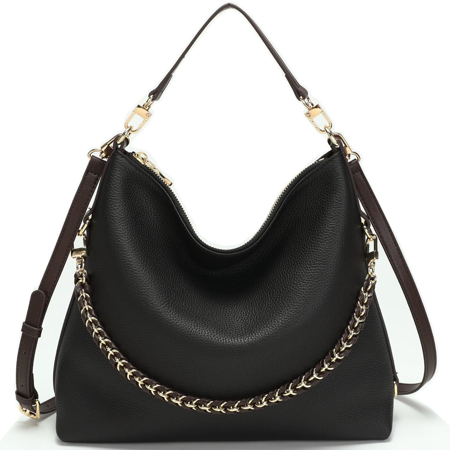 Riva Leather Convertible Hobo Bag Shoulder and Crossbody with Chain Detail