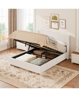 Lift Up Storage Bed Frame – Corduroy Upholstered Platform Bed with Gas Lift, Padded Headboard, No Box Spring Needed
