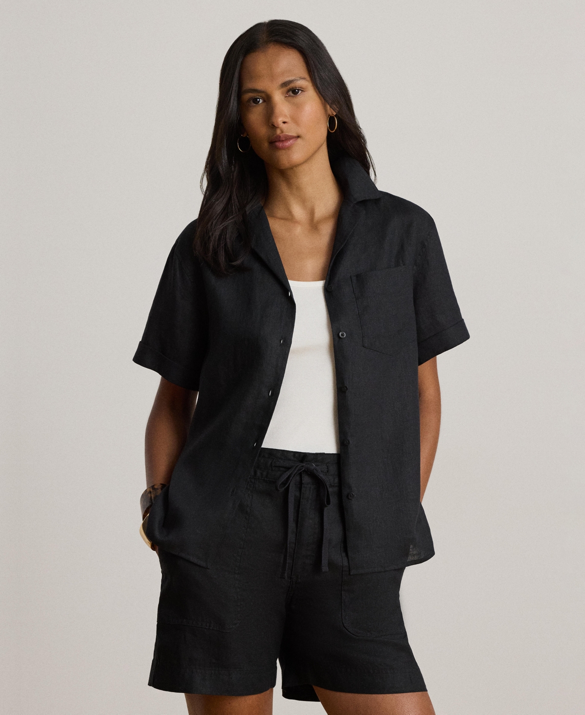 Lauren Ralph Women's Linen Short-Sleeve Camp Shirt