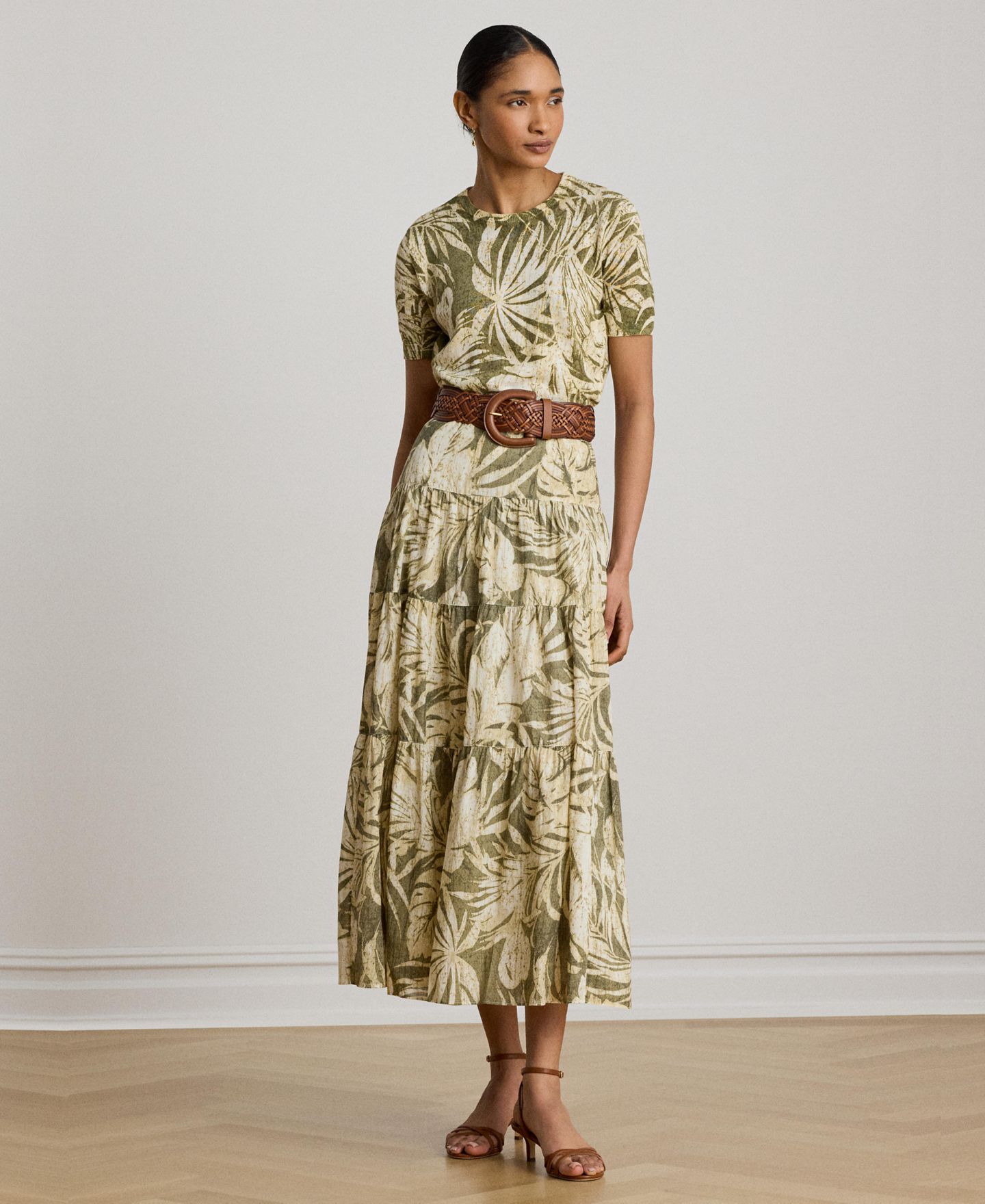 Женская юбка Lauren Ralph Lauren Elasticized Waist Tiered A-Line Midi, цвет: Оливковый разноцветный — фото 2