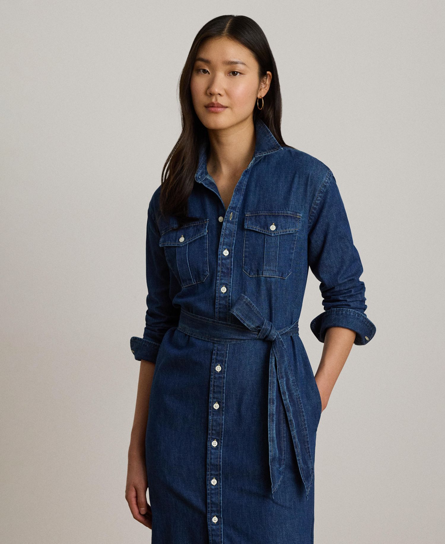Women's Collared Belted Denim Midi Shirt-Dress