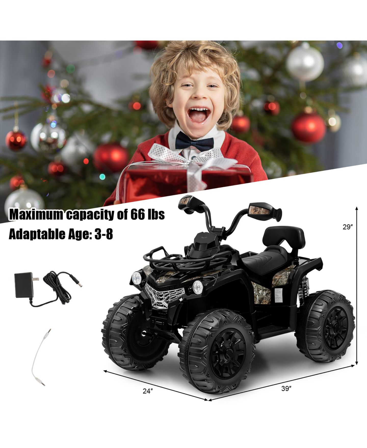 Детская игрушка Costway 12V Kids Ride-On Electric 4-Wheeler with 2-Speed and MP3, 66 lbs. Capacity, Ages 3-8, цвет: Чёрный — фото 3