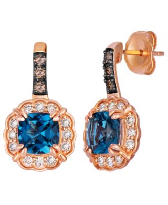 Deep Sea Blue Topaz™ Cushion Cut, Nude Diamond (1/4 ct. t.w.) & Chocolate Diamond (1/10 ct. t.w.) Drop Earrings in 14k Strawberry Gold