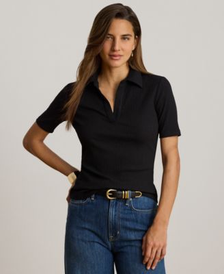 Petite Collared Rib-Knit Polo Top