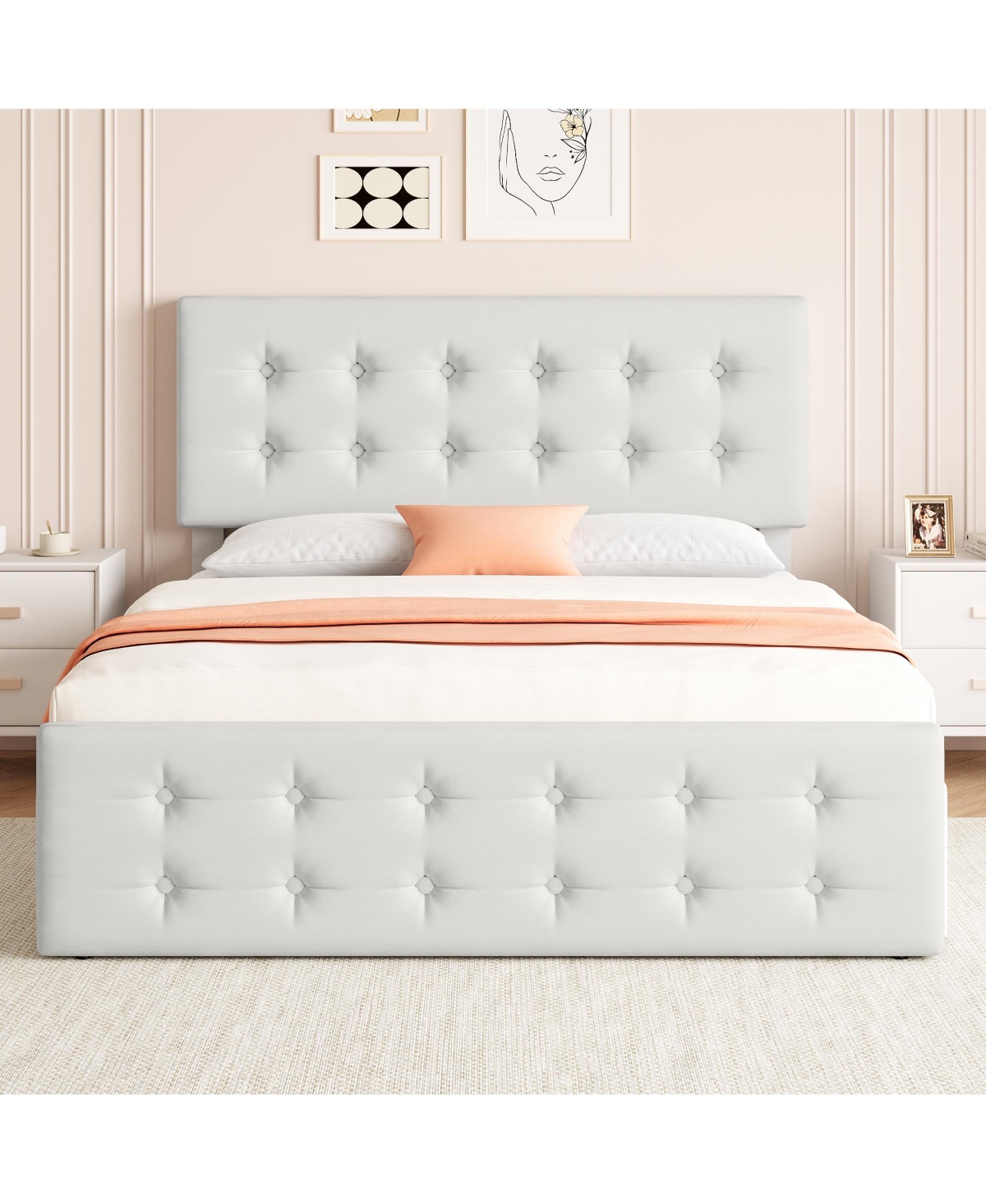 Homfan Upholstered Platform Bed Frame with 4 Storage Drawers, Button Tufted Headboard, Wooden Slats