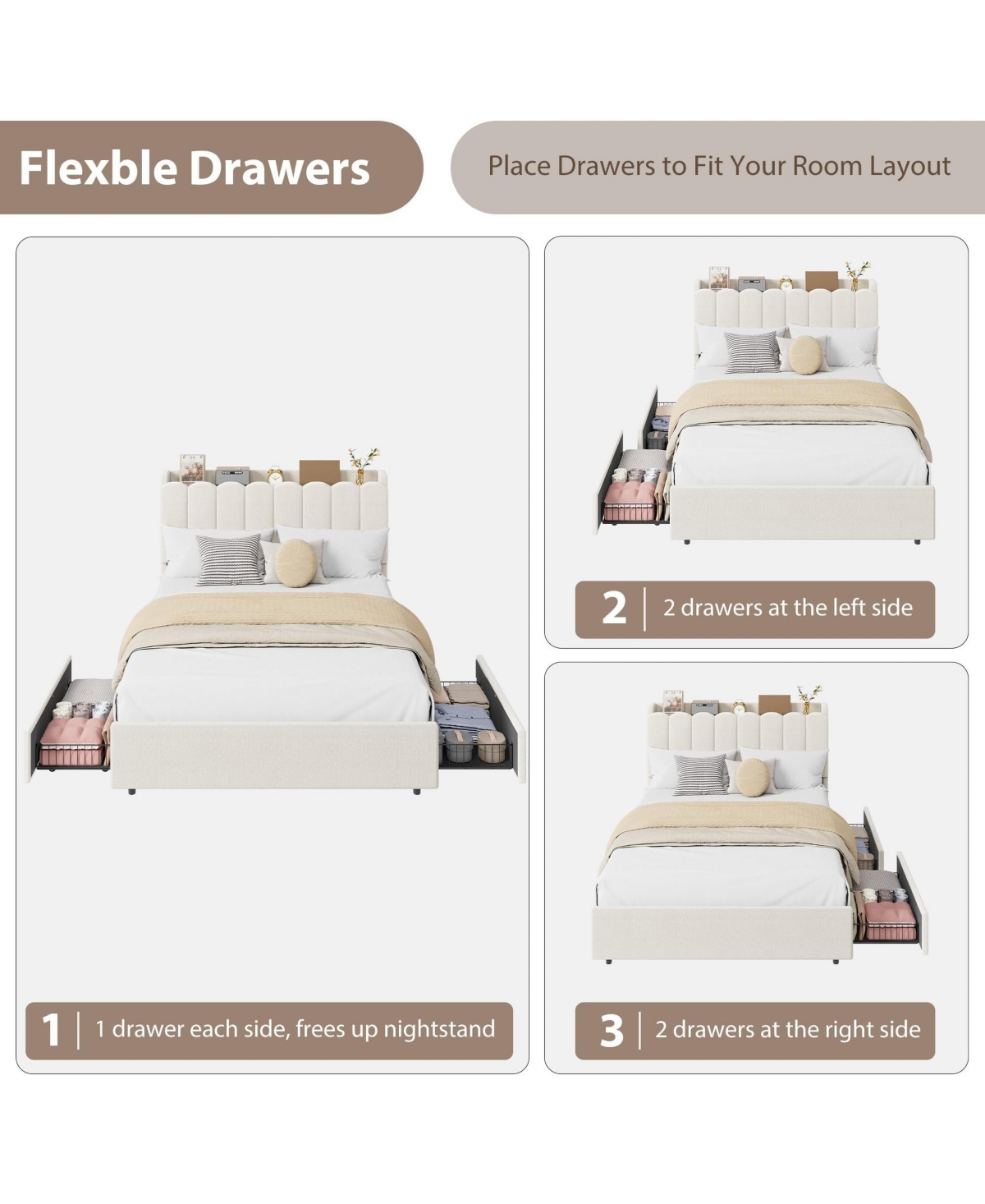 homfan Upholstered Platform Bed Frame with Led Storage Headboard and 2 Drawers