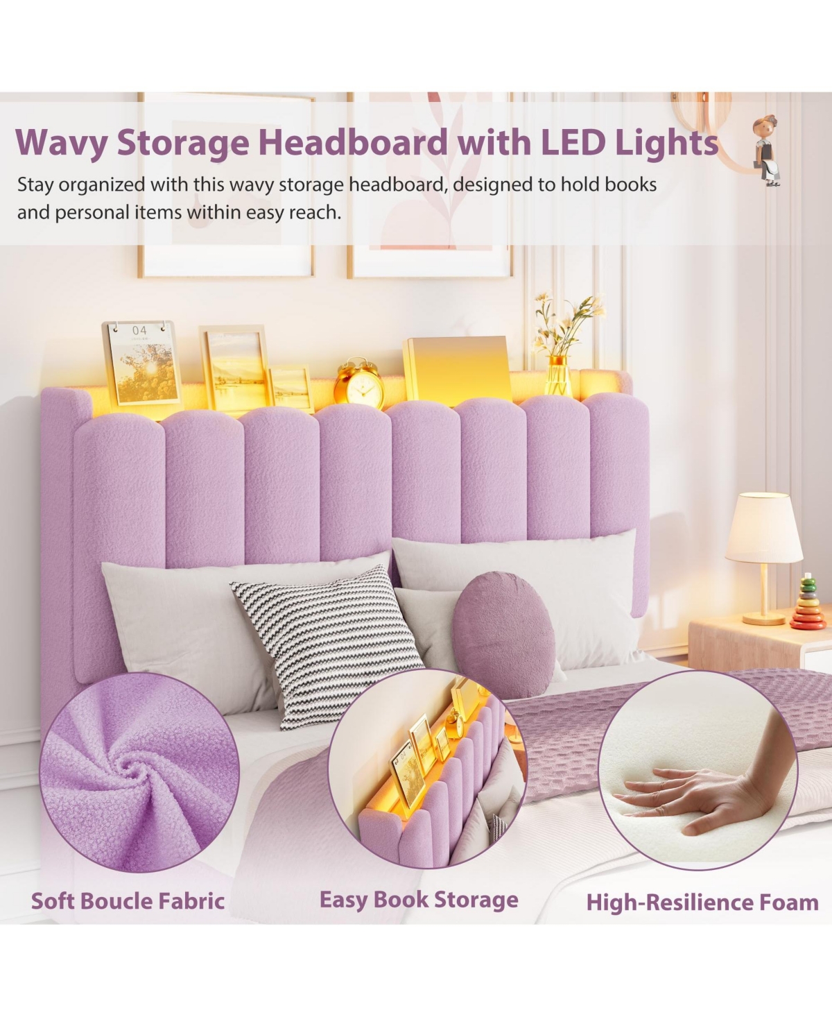 homfan Upholstered Platform Bed Frame with Led Storage Headboard and 2 Drawers