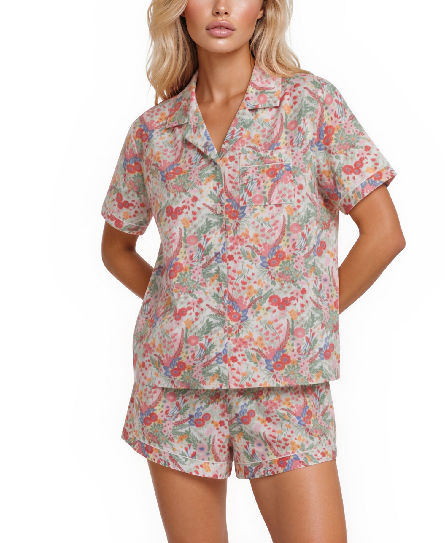 Women's Iconic Print Notch Collar Shirt and Pajama Shorts, 2-Piece Set