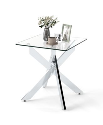 Glass Side Table Square End Table with Tempered Glass Top and Metal X Base