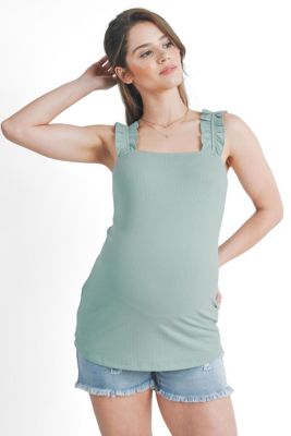 Maternity Square Neck Ribbed Tank Top with Ruffled Straps