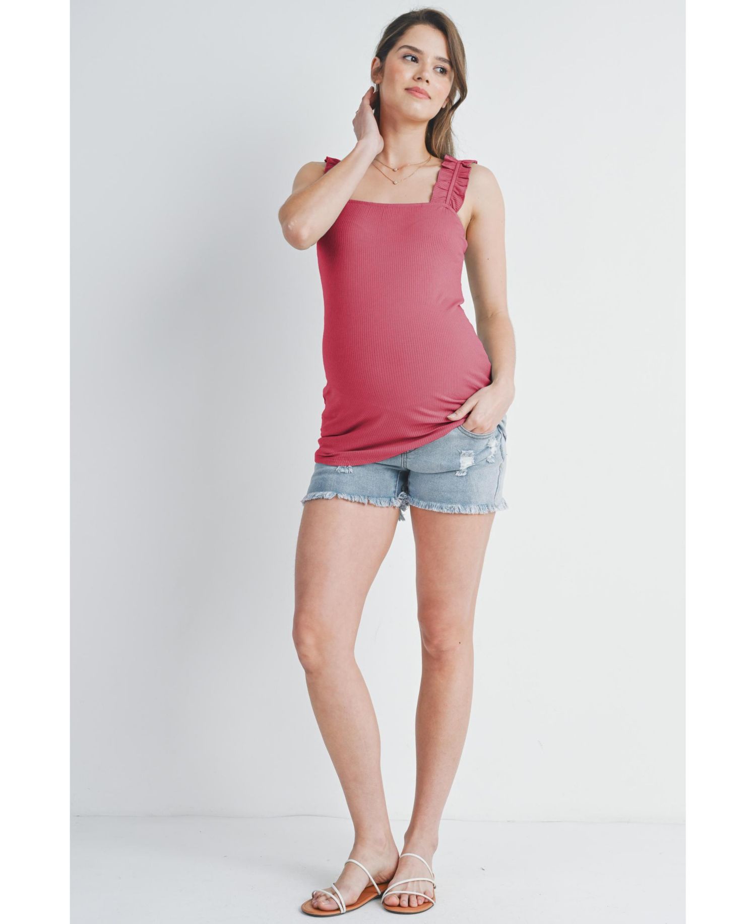 Maternity Square Neck Ribbed Tank Top with Ruffled Straps