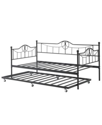 Daybed with Pull-Out Trundle, Metal Sofa Bed Frame with Slat Support and Decorative Headboards for Bedroom or Guest Room