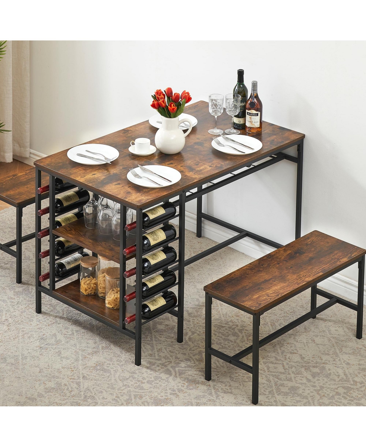 gaomon Dining Table Set for 4, Kitchen Table Set for 4 with 2 Benches, Rectangular Dining Room Table Set with Wine Rack