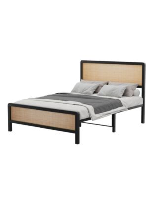 Rattan Platform Bed Frame with Curved Headboard and Footboard, Metal Slat Support, Underbed Storage, No Box Spring Needed