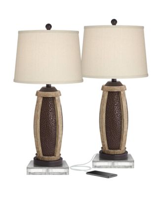 Parker Industrial Table Lamps Set of 2 with Square Risers 30" Tall Bronze Wood USB Charging Port Oatmeal Drum Shade for Living Room