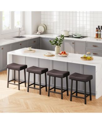 Set of 2 24 Inch Counter Height Bar Stools, Bonded Leather Saddle Seat Kitchen Stools with 2.4" Thick Cushion for Kitchen Island Dining Room