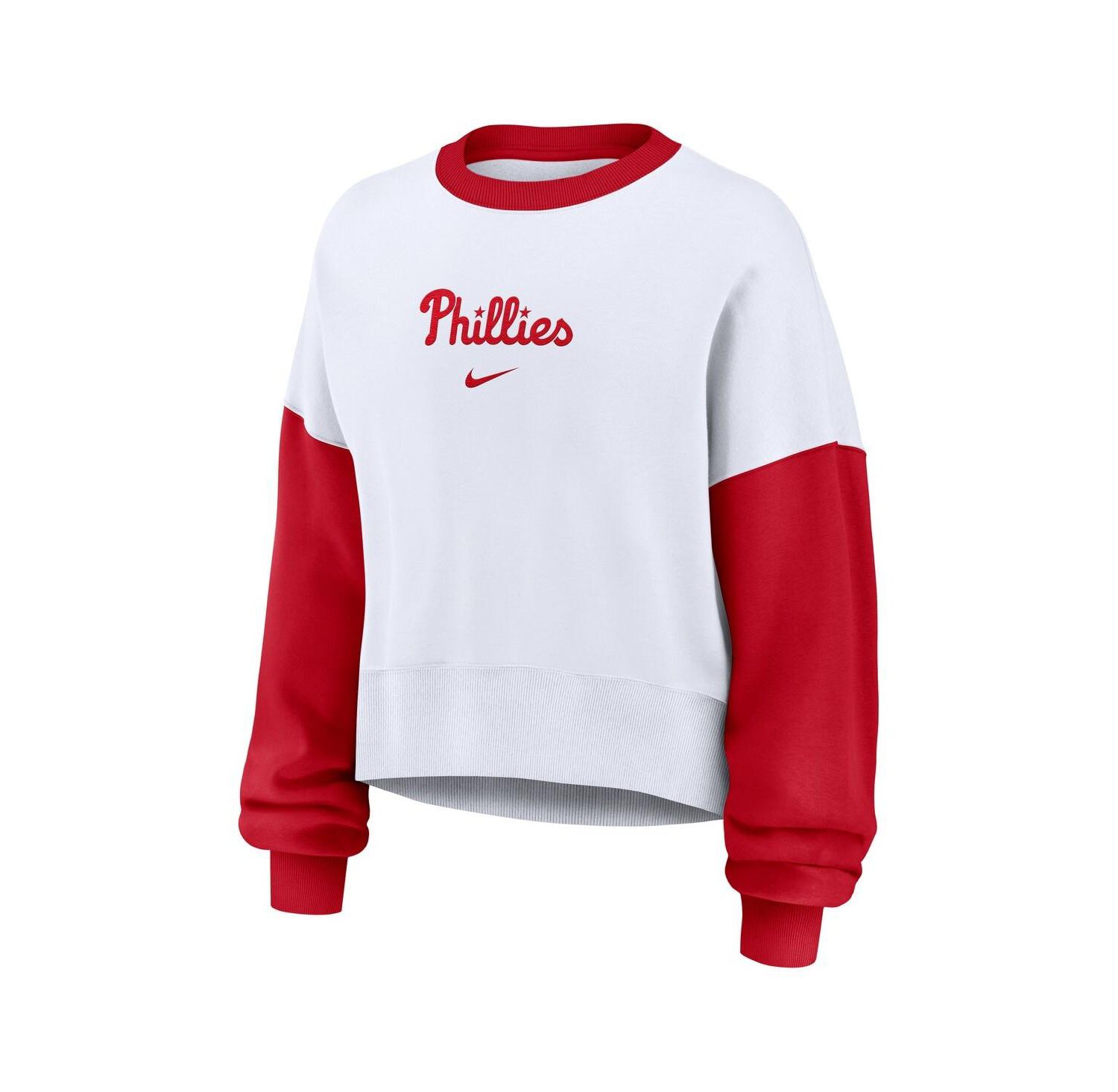 Women's White/Red Philadelphia Phillies Oversized High Hip Fleece Sweatshirt