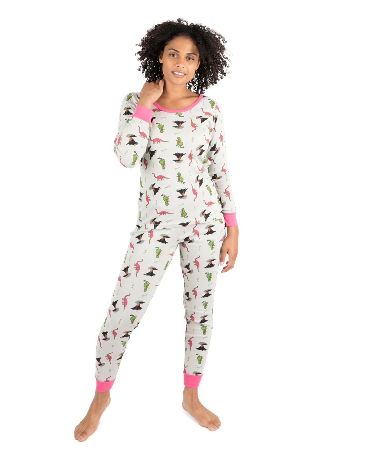 Leveret Women's Matching Family Two-Piece Cotton Long Sleeve Shirt and Pants Print Pajamas - Dinosaur light grey