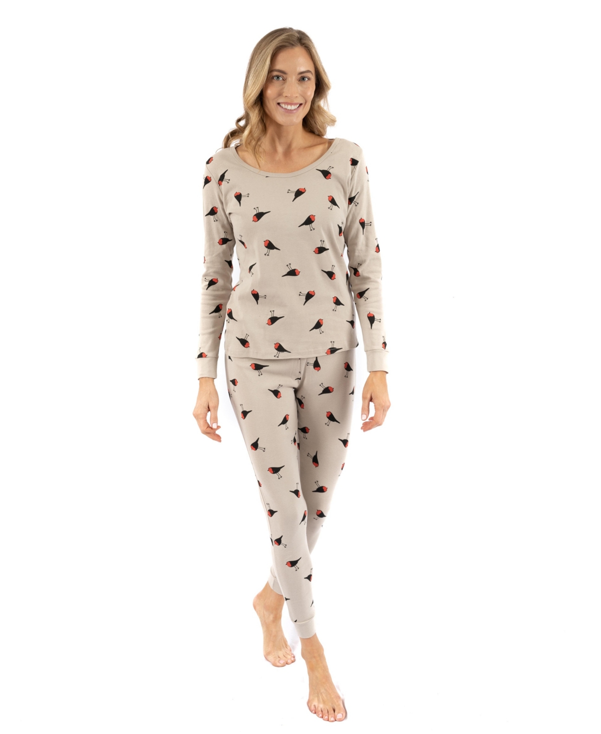 Leveret Women's Matching Family Two-Piece Cotton Long Sleeve Shirt and Pants Print Pajamas - Bird light grey