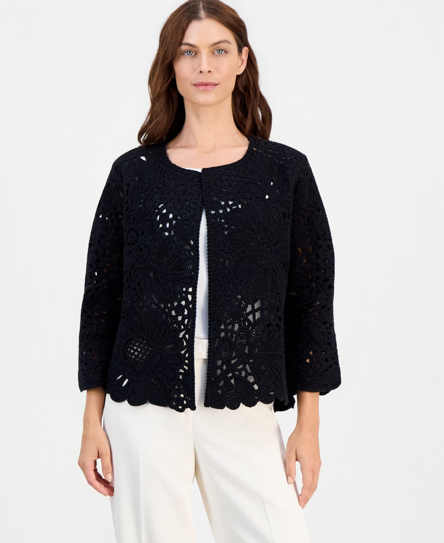 Женский кардиган Anne Klein Floral Scalloped Long-Sleeve, цвет: Чёрный — фото 1